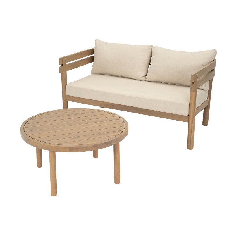 Ensemble de causeuse d'extérieur moderne en bois d'acacia pour 2 personnes avec table basse ronde Darnell