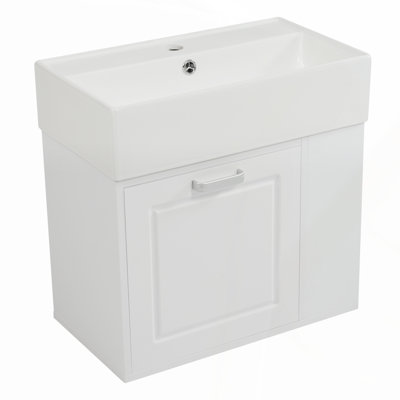 Meuble-lavabo flottant mural de 21,8 po avec lavabo, grand tiroir, tablette réglable et système de fermeture en douceur blanc