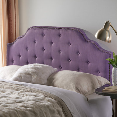 Tête de lit pour grand lit en tissu mauve clair - structure en bois massif et pieds en métal, hauteur réglable avec garniture cloutée