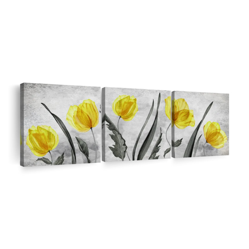 Tulipes jaunes vives sur toile, 3 pièces, H 36 po x l 110 po x P 1 po