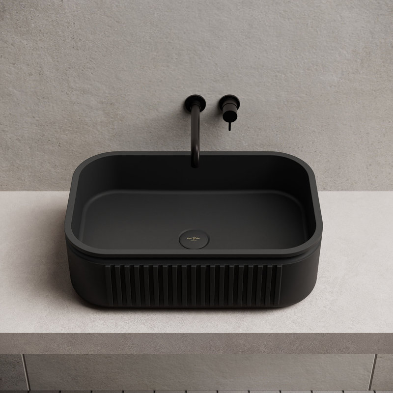MonBlari 22" X 14" Oval Solid Surface Matte Black Fluted Vessel Sink, Matte Black