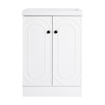 Meuble-lavabo autoportant avec lavabo en résine et portes d'armoire à fermeture en douceur, offrant des tablettes réglables et des poignées personnalisables pour une salle de bain moderne
