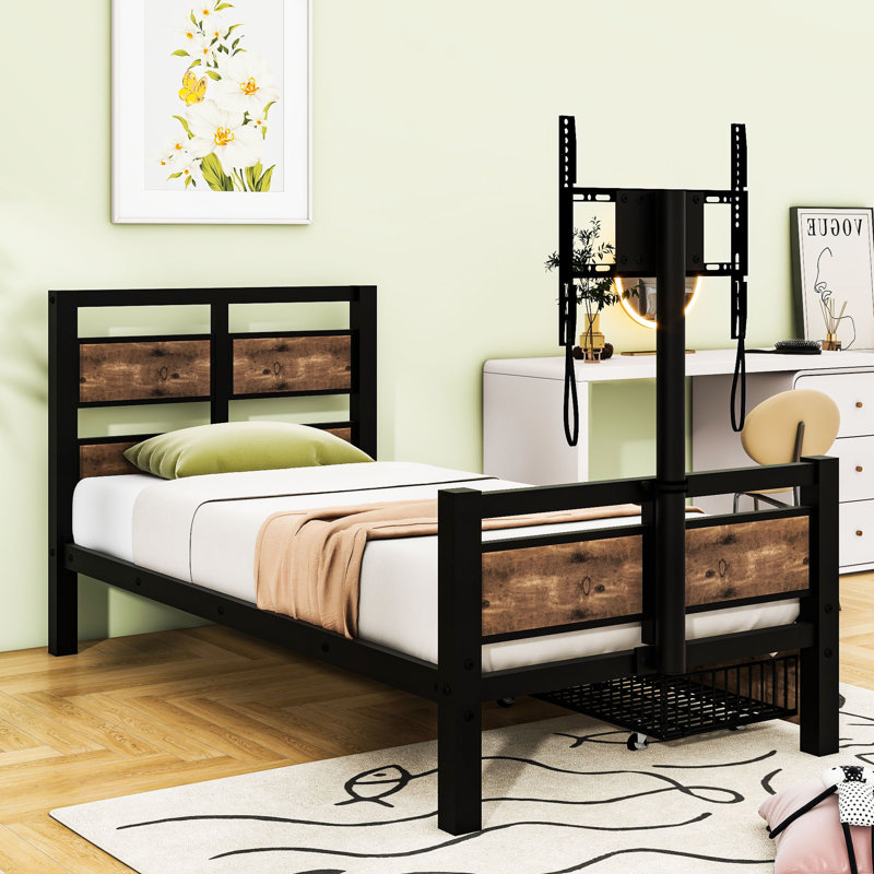 Twin Size Platform Bed with Rotatable TV Stand and Storage Drawers