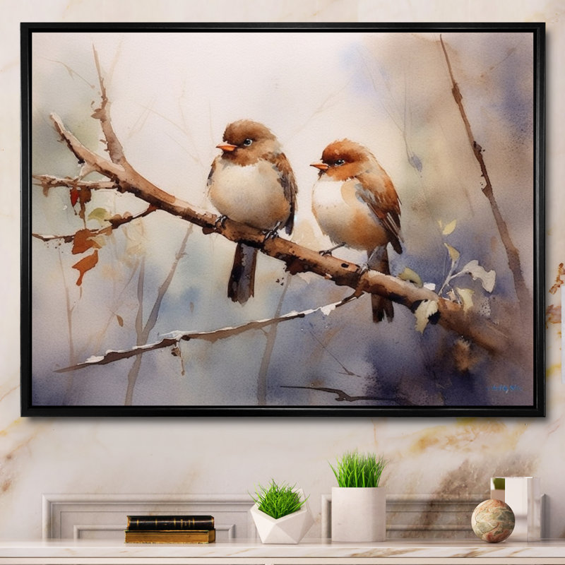 Oiseau moineau beige et brun I - art mural oiseau pour le salon, 16" H x 32" W, Cadre flottant noir
