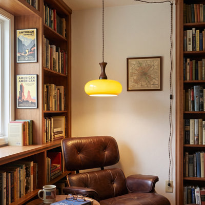Mid-Century Modern Plug-In Pendant Light with Amber Glass Shade and Wood Accent