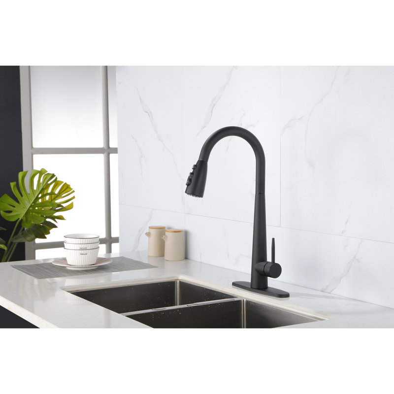 Robinet d'évier de cuisine rétractable à poignée simple en acier inoxydable, colorant noir mat, buse à grande arche rotative à 360 °, trois options de débit d'eau, jet, température et débit faciles