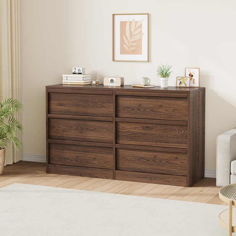 47 Inch Wide 6 Drawer Dresser – Wooden Chest with Large Storage, Organizer for Bedroom, Living Room, Entryway, Nursery (Walnut)