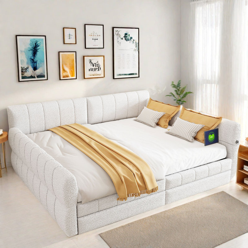 Elegant Upholstered Platform Bed With Usb Ports And 2 Drawers, White