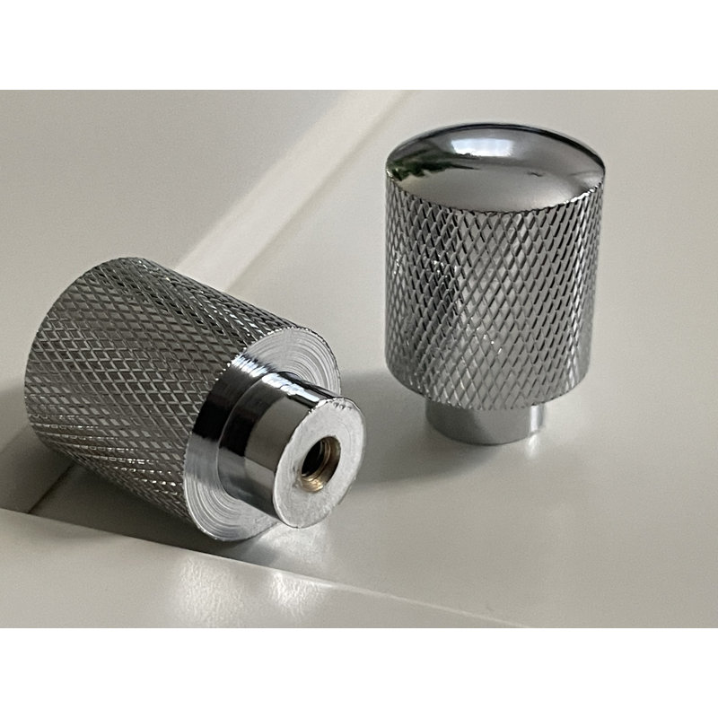Modern Knurled Chrome Cylinder Knob, Polished Chrome