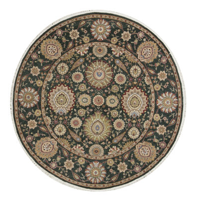 Hand-Knotted High-Quality Dark Green Round Area Rug