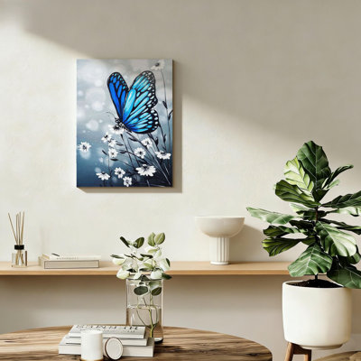Papillon bleu sarcelle décoré de fleurs en toile, cadre en bois massif, impression d'art mural pour salle à manger, décor de restaurant, 16 po x 24 po