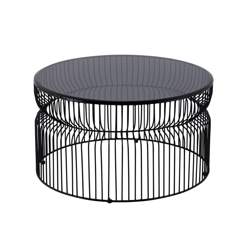 Table basse ronde noire moderne de 30 po avec verre trempé teinté et base ouverte en métal, idéale pour les espaces de vie, les surfaces minimalistes