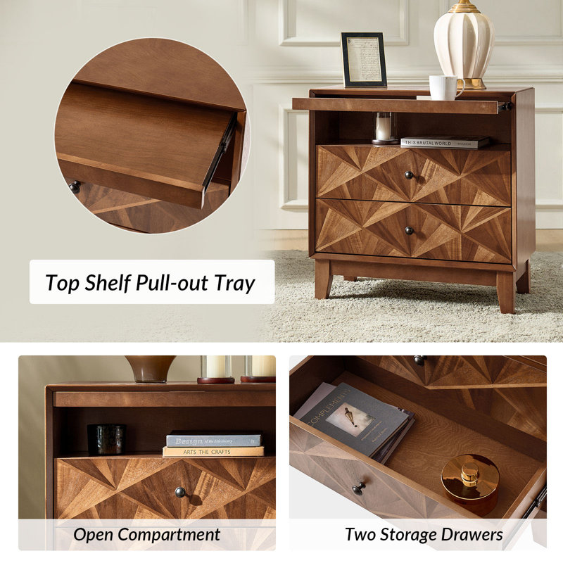 Casio Mid-Century Modern 28‘’W 2-Drawer End Table with Charging Station and Open Shelf  (Set of 2), Brown