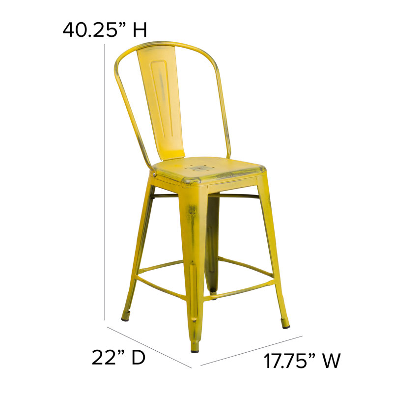 Commercial Grade Distressed Metal Indoor-Outdoor Counter Height Stool with Back, Yellow, Counter Stool (24" Seat Height)