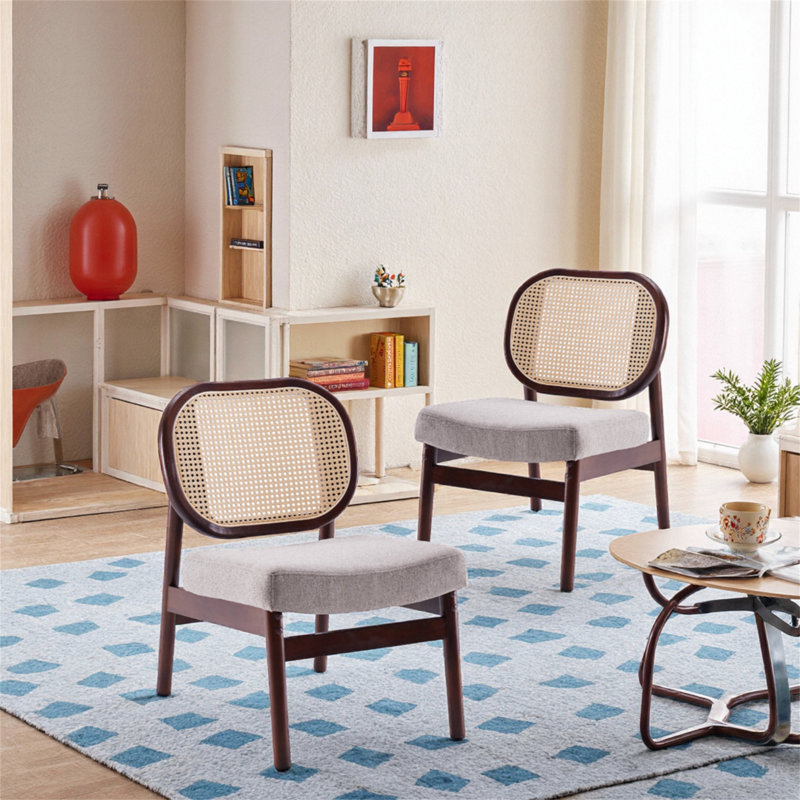 Chaise de salon rembourrée avec dossier en rotin et structure en bois, Kaki