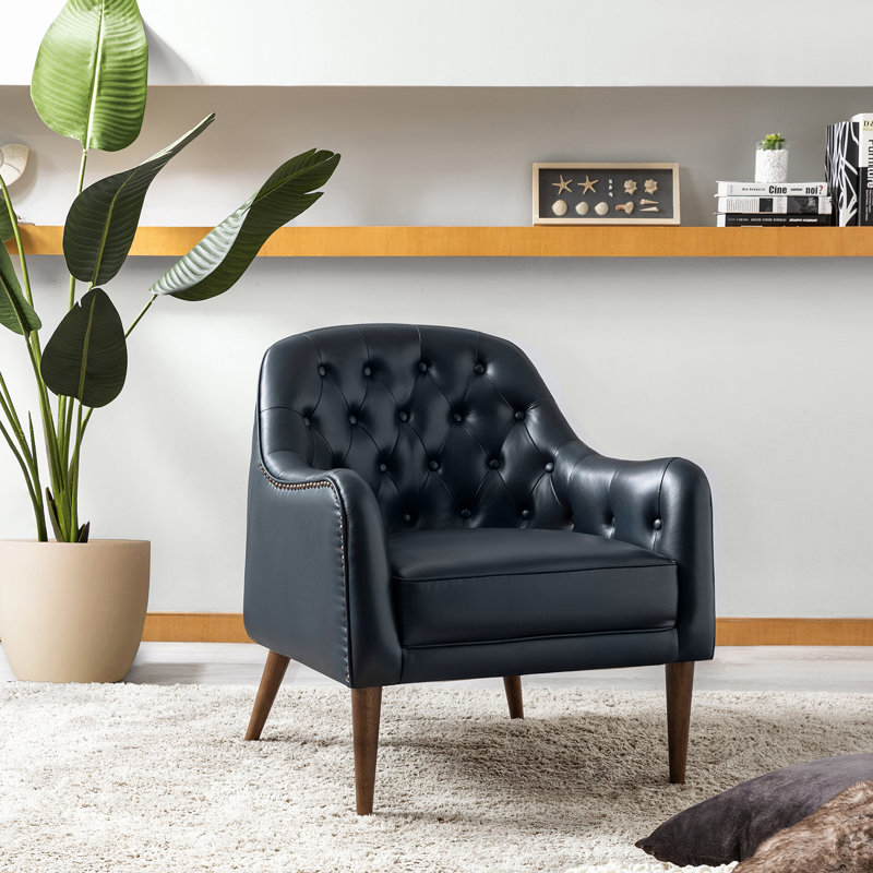 Rhinehart 28.5" Wide Genuine Leather Barrel Chair, Navy  Genuine Leather