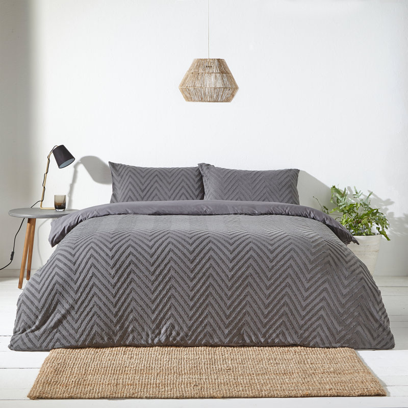 Giselly Cotton Chevron / Zig Zag Duvet Cover Set with Pillowcases, Grey, Single Duvet Cover + 1 Standard Pillowcase