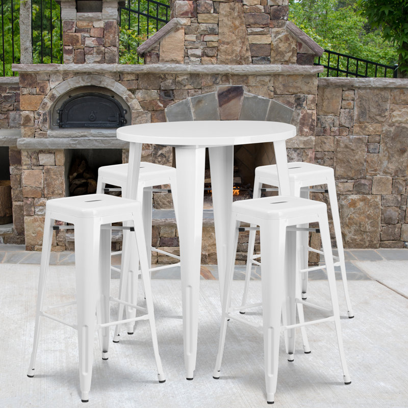 Colbert 30'' Round Metal Indoor-Outdoor Bar Table Set with 4 Square Seat Backless Stools, White, 41" H x 30" W x 30" L