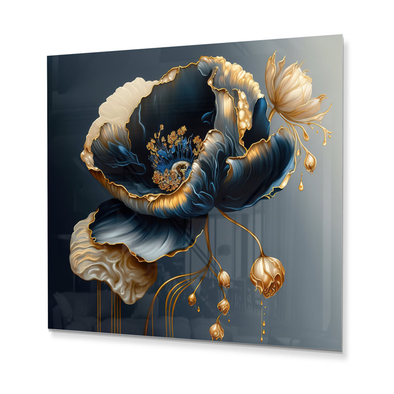 Décoration murale florale en métal bleu foncé et doré I, H 36 po x l 36 po x P 1 po