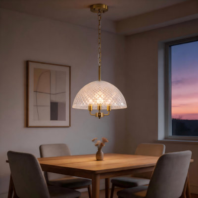 16" 3-Light Brass Chandelier with Textured Glass Dome Shade for Dining Room, Kitchen, or Living Space