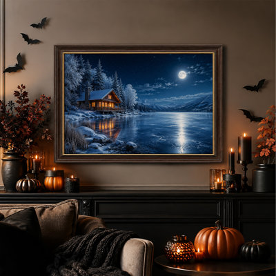 Cabane enneigée sur un lac gelé sous la pleine lune - Toile murale d'Halloween