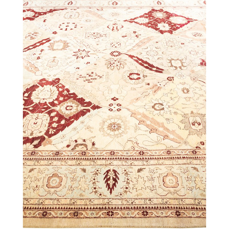 Tapis unique noué à la main Hayner - ivoire / rouge / brun, 9 pi 4 po x 12 pi 1 po