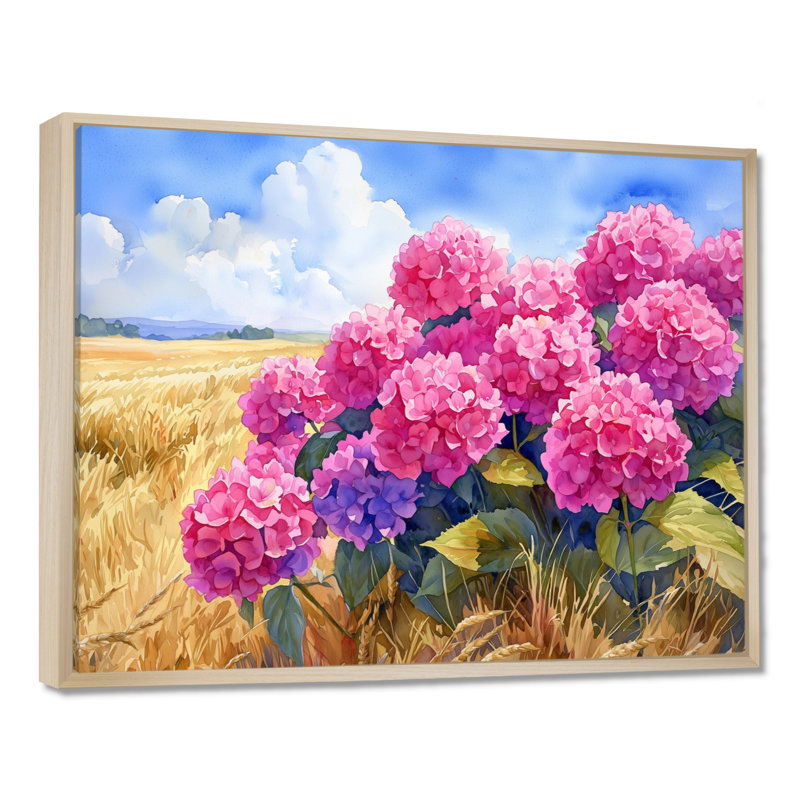 Hortensias dans le champ de céréales III - hydrangées, art mural, H 30 po x l 40 po, Impression encadrée flottante, Crème