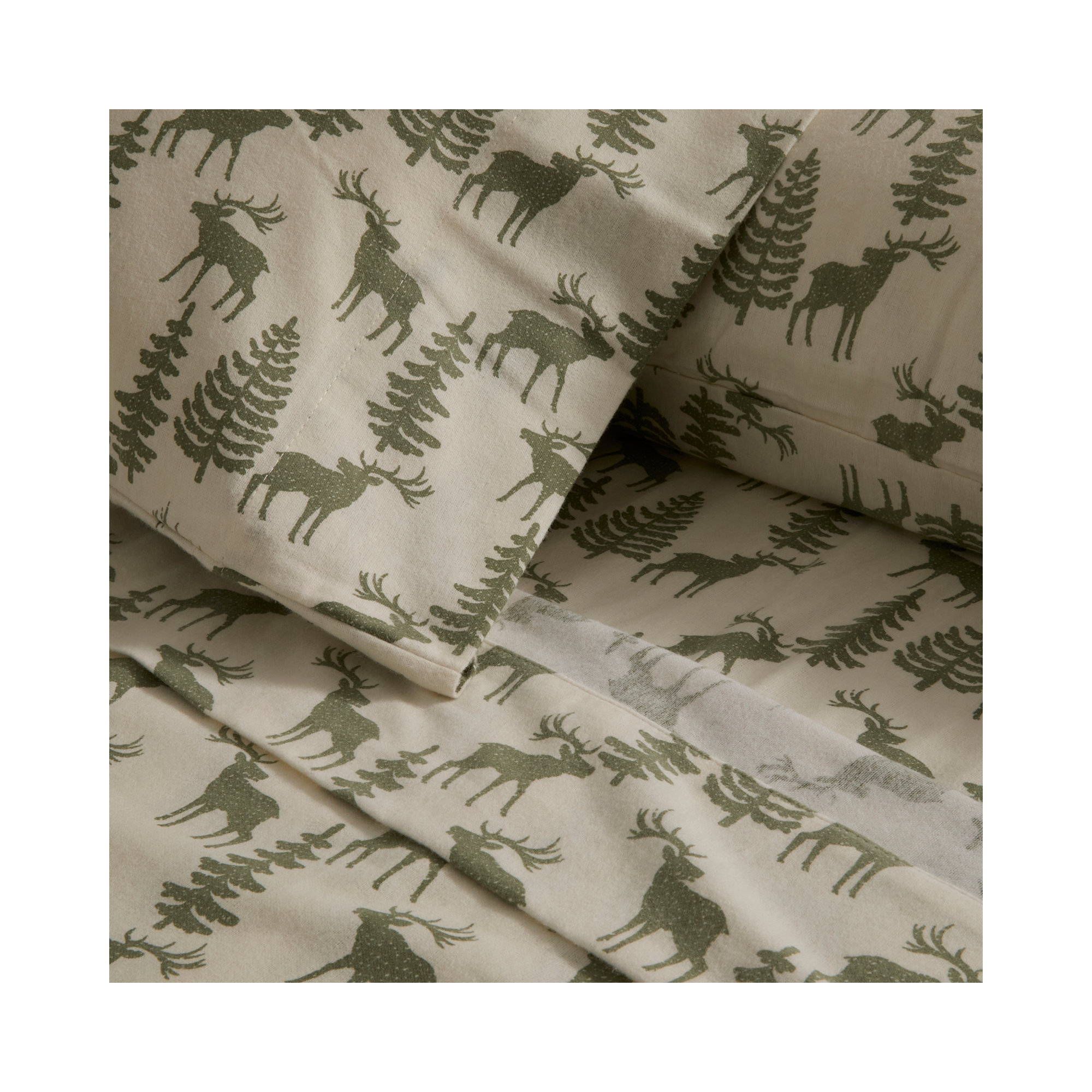 Fabrice Flannel Sheet Set, Ivory/Green, Queen Sheet Set + Fitted Sheet + 2 Pillowcases