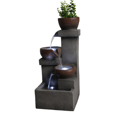 Outdoor Water Fountain Tiered Cascading Jar Waterfall Resin Garden Patio Decor With LED Lights