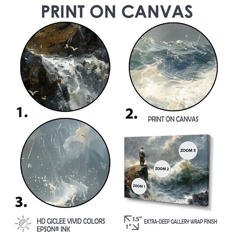 Cliffside Ocean Fishing - Chasse et pêche, art mural, Toile tendue, H 40 po x l 60 po x P 1,5 po