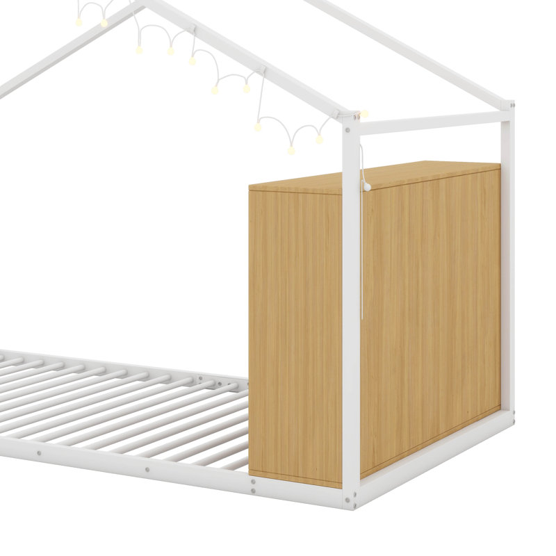 Lit en métal avec tablette de rangement, lit au sol avec tablettes latérales et lumières DEL, conception de maison, Blanc