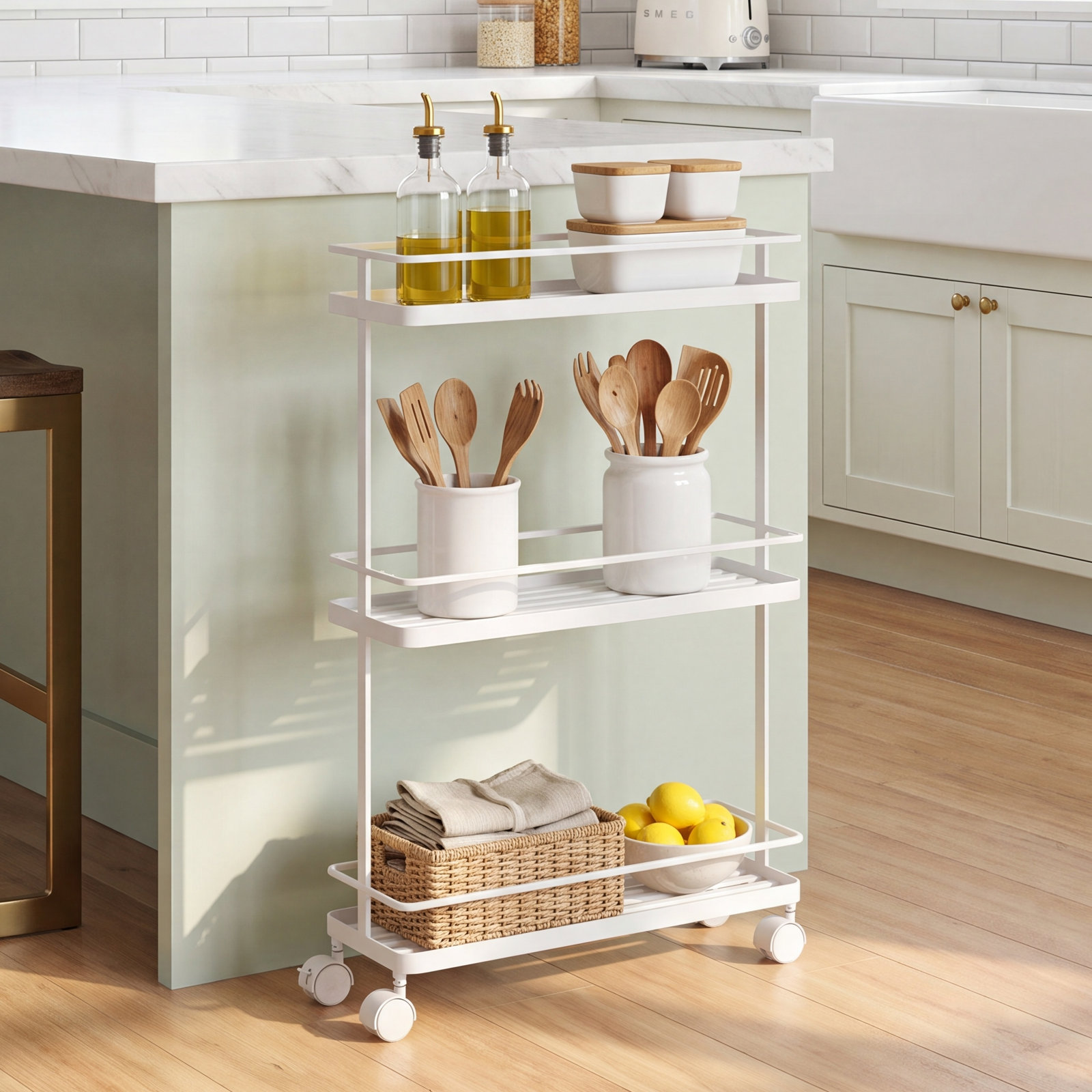 Yamazaki Home Tower Rolling Kitchen Cart, White