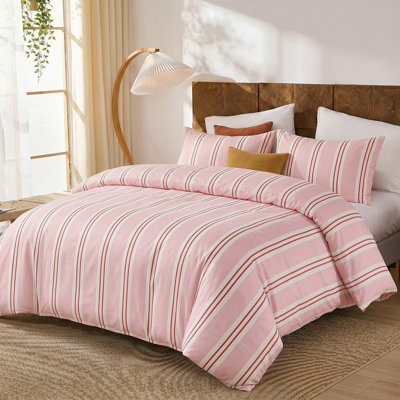 Striped Duvet Cover Set Queen Size - 100% Cotton Duvet Cover Set, Yellow Ribbon Stripes Pattern Comforter Cover 3 Pieces, Soft Linen Like Bedding Set for All Seasons
