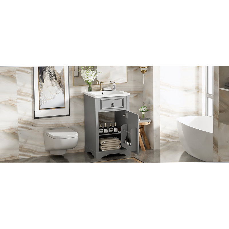 Meuble-lavabo de 20 pouces avec lavabo en céramique, porte à fermeture douce, tablette réglable et support de rangement fixé à la porte - idéal pour les petites salles de bain