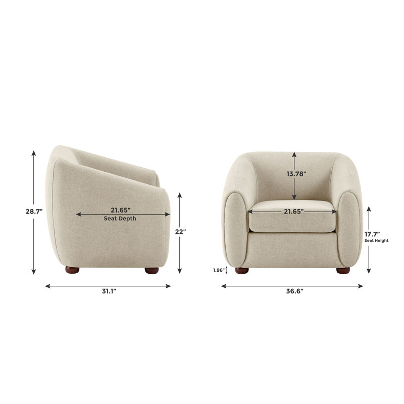 36.6 inch Upholstered Armchair, Smokey White Polyester Twill