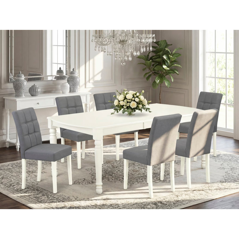 7 Piece Modern Dining Table Set Includes A Wood Table and 6 Platinum Grey Polyester Fabric Padded Chairs with Stylish Back- Linen White Finish