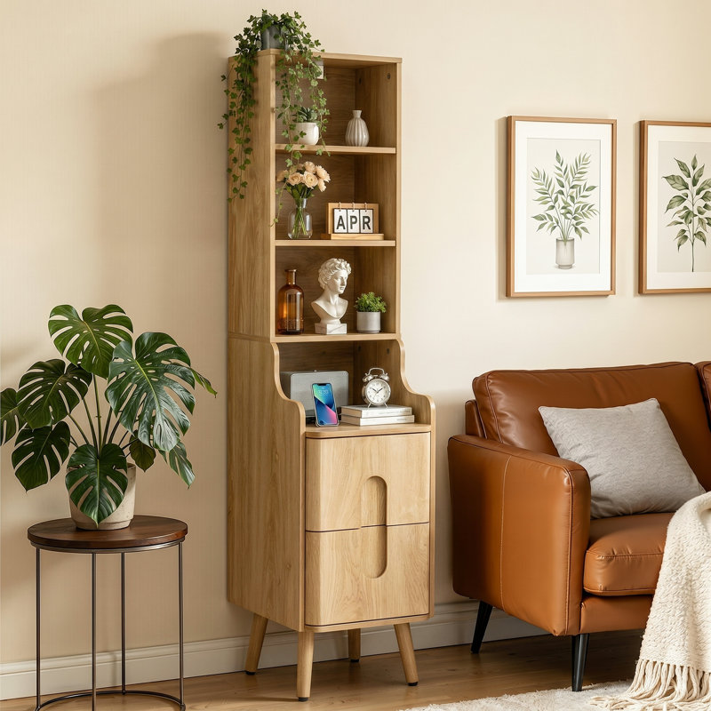 Table de chevet de 54 po de hauteur avec station de charge, 2 tiroirs, 3 tablettes de rangement ouvertes, Yellow