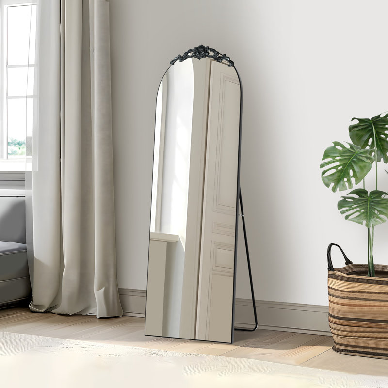 Arch Wood Full Length Mirror Freestanding Mirror Wall Mirror with Carved Design, Black, 63" x 25"