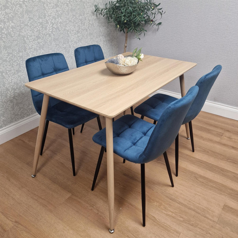 Wood Dining Table Set with 4 Velvet Chairs Kitchen Dining Furniture Set, Blue