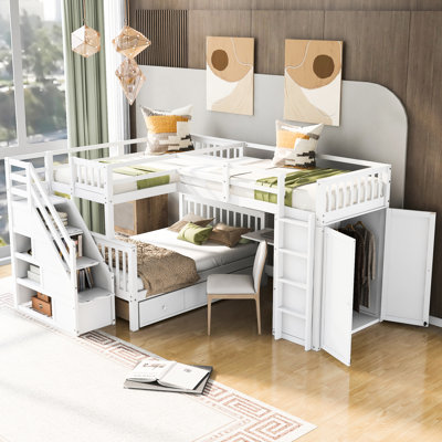 Over Full L-Shaped Bunk Bed, White - Storage Drawers, Portable Desk, Wardrobe, Guardrail For , Solid Legs Stability, Cozy Sleeping Space Bed With Desk And Wardrobe Maximizes Sleepovers, Shelves In