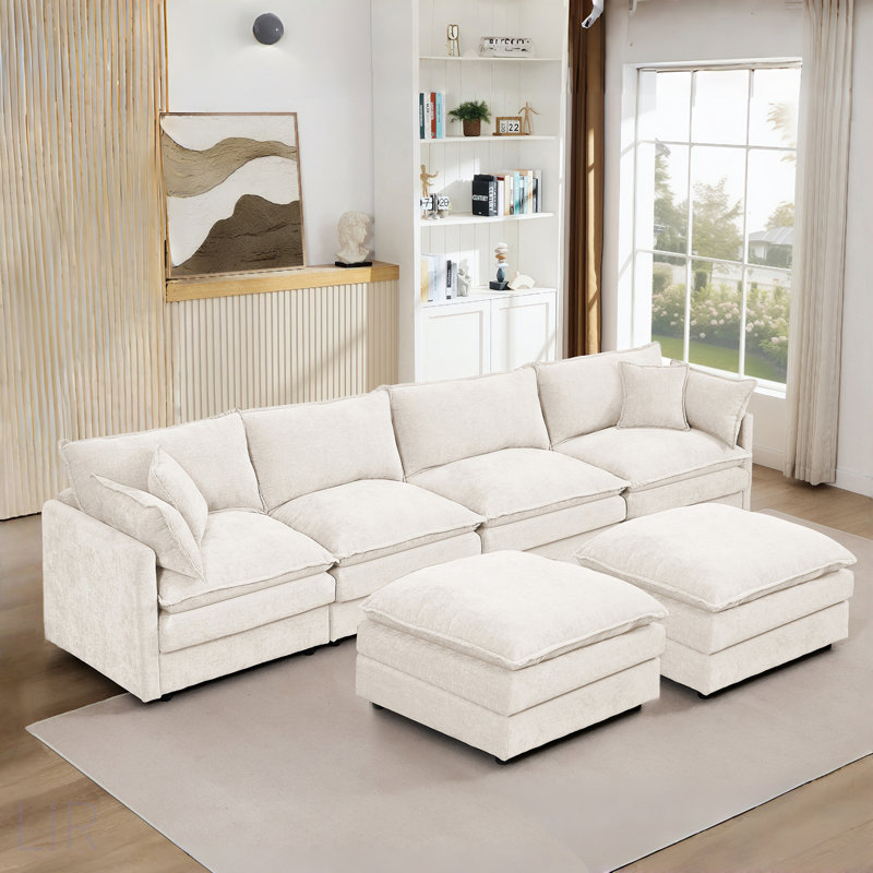 Canapé modulaire modulaire en forme de U avec tissu chenille, couchettes confortables à 4 places en nuage, repose-pieds mobile et ensemble de bricolage