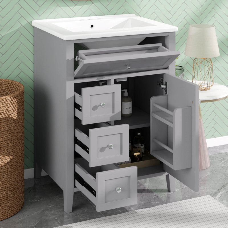 Meuble-lavabo de 24 po avec lavabo, armoire de rangement simple autoportante avec tiroir inclinable, 3 tiroirs, tablette réglable et support de rangement