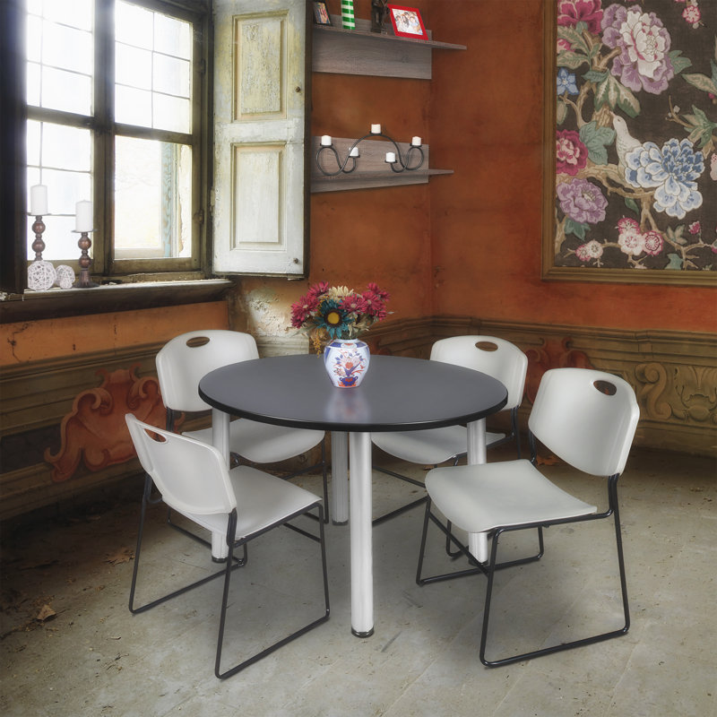 Plateau de table Kee, 4 chaises empilables, Chrome, Gris
