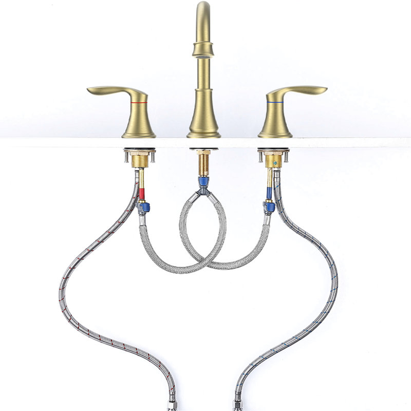 Brushed Gold 3 Hole Bathroom Faucet 8" Widespread - 2 Handle Copper Levers, 360 Rotatable Spout, Stable Structure Metal To Temperature Changes