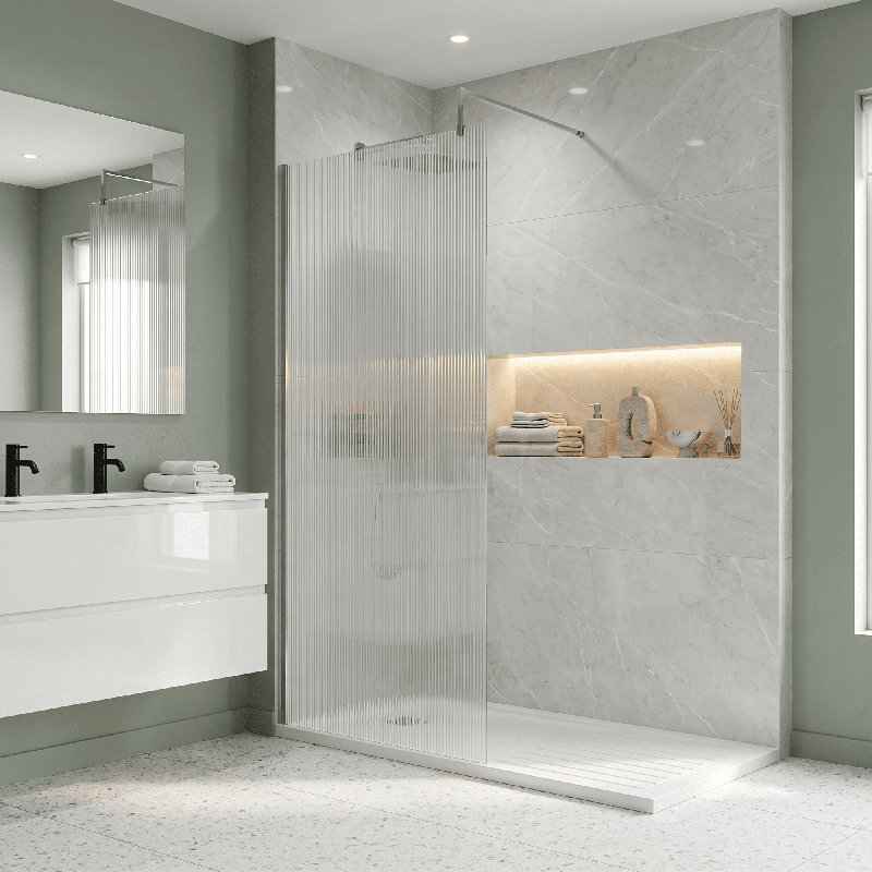 nuie 900mm Chrome Fluted Wetroom Screen With Support Bar