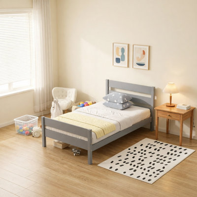 Twin Bed With Headboard And Footboard,Rubber Wood Bed,Grey