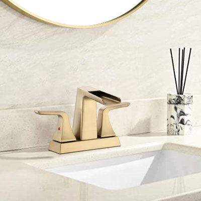 Brushed Golden 4 Inch Waterfall Bathroom Faucet - Double Handle Design For Effortless Water And Temperature Control Solid Brass Construction Ceramic Cartridge Long-Term Use Fits 2/3 4-Inch