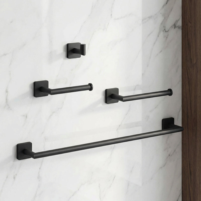 VIGO Satro 4-Piece Matte Black Bathroom Hardware Set with 24-in Towel Bar, Toilet Paper Holder, Hand Towel Holder and Hook