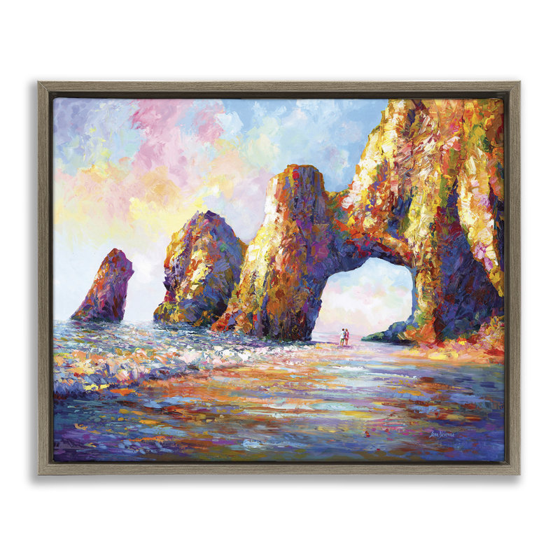 «Couple Strolling Beach Arch», art mural sur toile flottante par Leon Devenice, Cadre flottant orme Montalcino