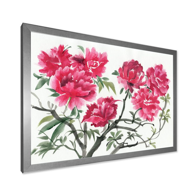 Rétro fleur mauve azalée - peinture sur toile, H 30 po x l 40 po x 1,5 po, Toile avec cadre argenté